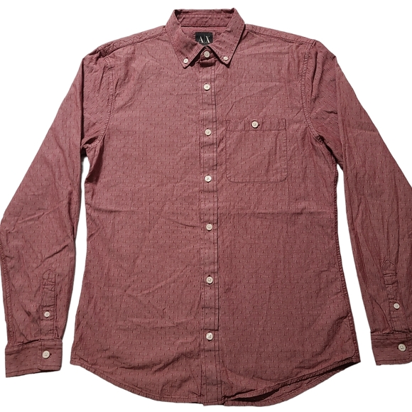 Armani Exchange Slim Fit Mens Medium Burgundy Red Long Sleeve Button Front Shirt - Picture 2 of 5
